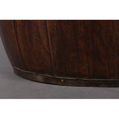 32 - A 19TH CENTURY IRON BOUND COOPERED ELM BARREL, 20cm diameter at opening x 29.5cm high (Shipping cate... 