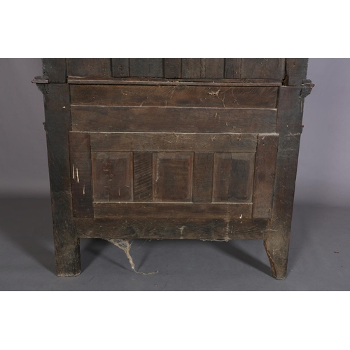 358 - A 17TH CENTURY JOINED OAK COURT CUPBOARD, having a foliate carved cornice, the frieze inlaid in ebon... 