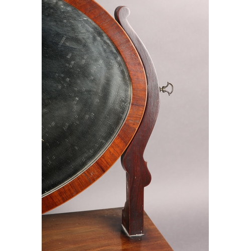 400 - AN EARLY 19TH CENTURY MAHOGANY AND BOX WOOD LINE INLAID TOILET MIRROR, having an oval glass, serpent... 