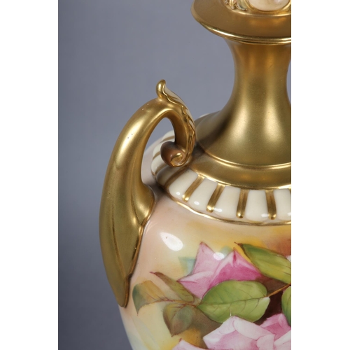 84 - A ROYAL WORCESTER URN-SHAPE VASE AND OVER PAINTED BY W H AUSTIN WITH RED AND PINK ROSES, signed the ... 