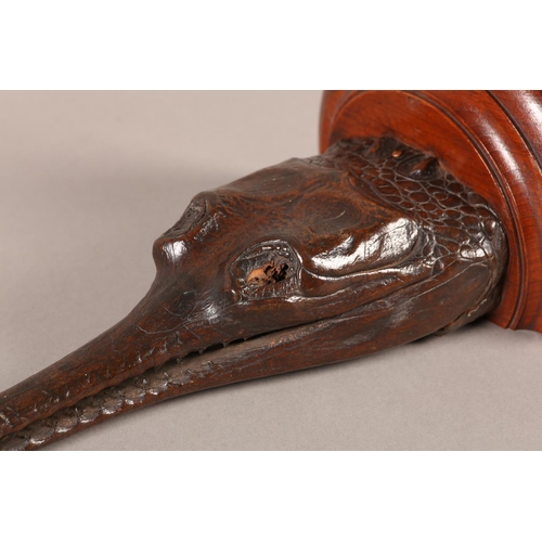 24 - TAXIDERMY: A 19TH CENTURY GHARIAL HEAD MOUNT (Gavialis Gangeticus) mounted onto a semi-circular shie... 