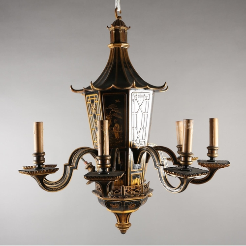 37 - A LACQUERED BLACK AND GILT EIGHT ARM ELECTROLIER, the main stem formed as a pagoda with sloping roof... 