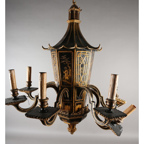 37 - A LACQUERED BLACK AND GILT EIGHT ARM ELECTROLIER, the main stem formed as a pagoda with sloping roof... 