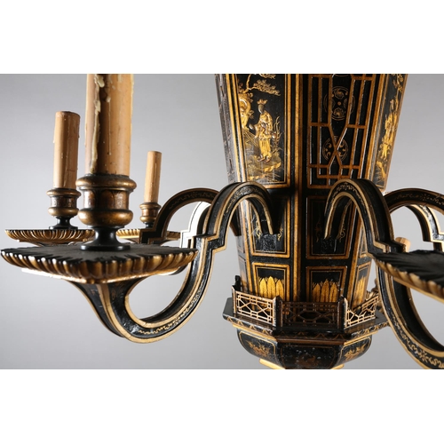 37 - A LACQUERED BLACK AND GILT EIGHT ARM ELECTROLIER, the main stem formed as a pagoda with sloping roof... 