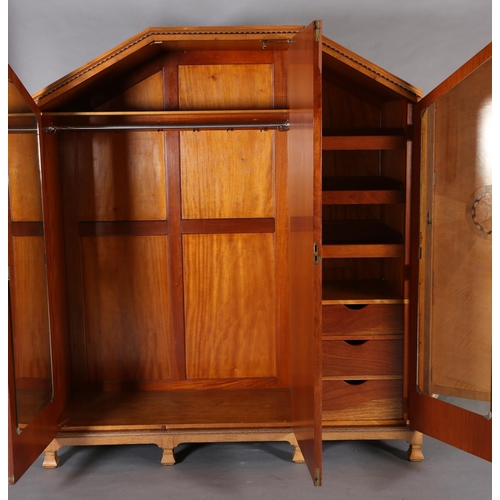 423 - AN ART DECO WALNUT, EBONY AND ROSEWOOD INLAID BEDROOM SUITE of radiating veneers centred with concen... 