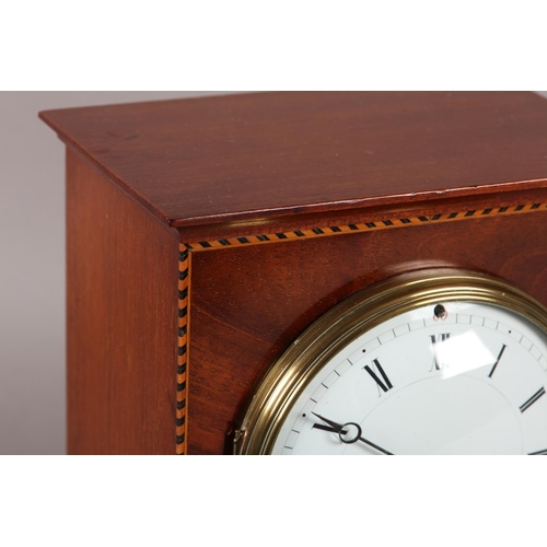 51 - AN EDWARD VII MAHOGANY MANTEL CLOCK INLAID WITH BOXWOOD AND EBONY STRINGING, having a French 8-day m... 