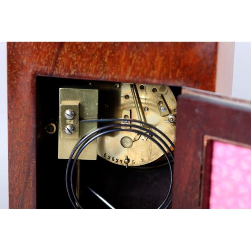 51 - AN EDWARD VII MAHOGANY MANTEL CLOCK INLAID WITH BOXWOOD AND EBONY STRINGING, having a French 8-day m... 