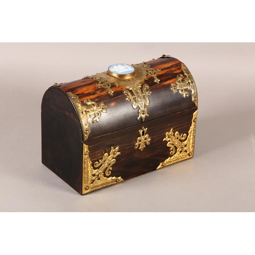 54 - A 19TH CENTURY DOME TOP COROMANDEL BOX, with gilt metal mounts, the lid inset with a jasperware came... 