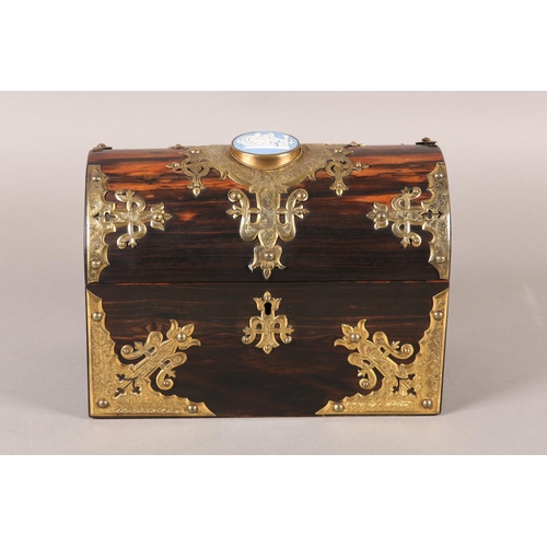 54 - A 19TH CENTURY DOME TOP COROMANDEL BOX, with gilt metal mounts, the lid inset with a jasperware came... 