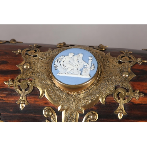 54 - A 19TH CENTURY DOME TOP COROMANDEL BOX, with gilt metal mounts, the lid inset with a jasperware came... 