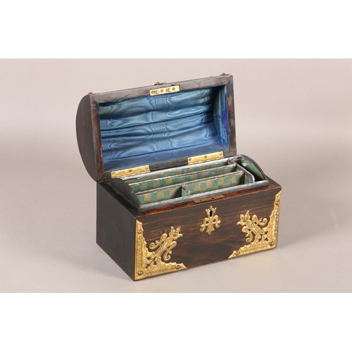 54 - A 19TH CENTURY DOME TOP COROMANDEL BOX, with gilt metal mounts, the lid inset with a jasperware came... 