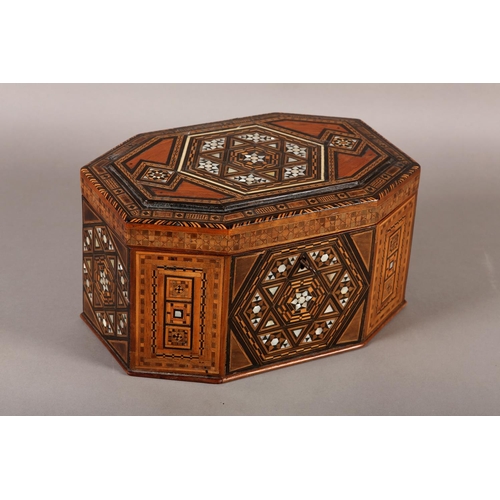 72 - A MID 19TH CENTURY MOTHER-OF-PEARL AND MARQUETRY WORK BOX OF MIDDLE EASTERN STYLE, irregular octagon... 