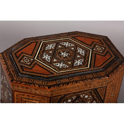 72 - A MID 19TH CENTURY MOTHER-OF-PEARL AND MARQUETRY WORK BOX OF MIDDLE EASTERN STYLE, irregular octagon... 