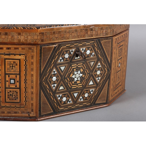 72 - A MID 19TH CENTURY MOTHER-OF-PEARL AND MARQUETRY WORK BOX OF MIDDLE EASTERN STYLE, irregular octagon... 