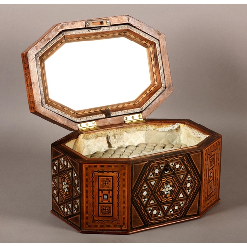 72 - A MID 19TH CENTURY MOTHER-OF-PEARL AND MARQUETRY WORK BOX OF MIDDLE EASTERN STYLE, irregular octagon... 