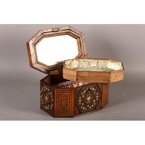 72 - A MID 19TH CENTURY MOTHER-OF-PEARL AND MARQUETRY WORK BOX OF MIDDLE EASTERN STYLE, irregular octagon... 