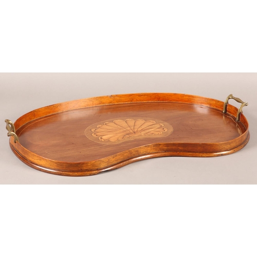 73 - AN EDWARD VII MAHOGANY AND SATINWOOD INLAID TWO HANDLED TRAY of kidney shape with gallery, inlaid to... 