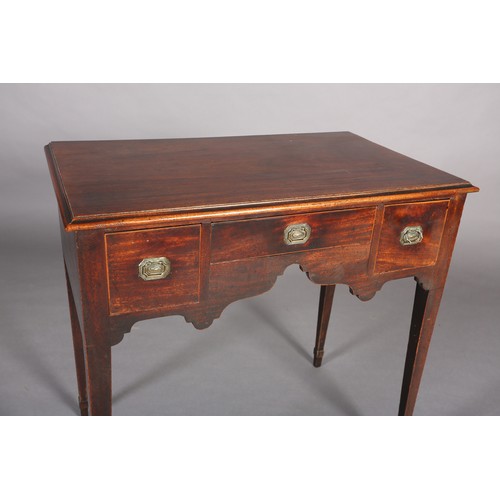 377 - A LATE GEORGE III MAHOGANY SIDE TABLE, the ogee arched apron fitted with three small drawers inlaid ... 