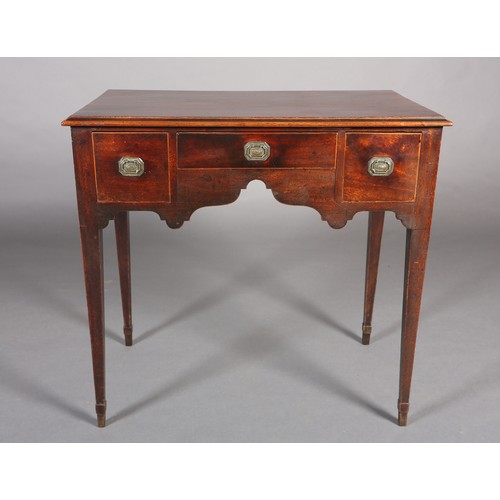 377 - A LATE GEORGE III MAHOGANY SIDE TABLE, the ogee arched apron fitted with three small drawers inlaid ... 