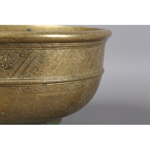 126 - A CHINESE BRASS BOWL, the annulated body engraved with reserves of peony and diaper cell on foot rim... 