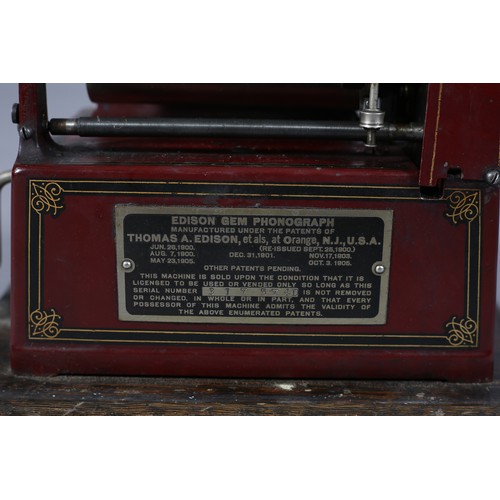 45 - AN EDISON RED GEM PHONOGRAPH, serial no 317574D, 4 to 2 minute play, gilt and black transfer  decora... 