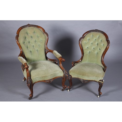 357 - A PAIR OF VICTORIAN WALNUT GENTLEMAN'S ARMCHAIR AND LADY'S CHAIR,  each having an encircling frame w... 