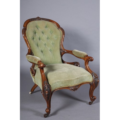 357 - A PAIR OF VICTORIAN WALNUT GENTLEMAN'S ARMCHAIR AND LADY'S CHAIR,  each having an encircling frame w... 