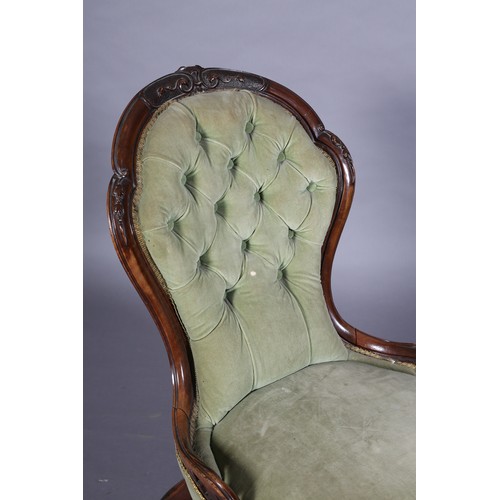 357 - A PAIR OF VICTORIAN WALNUT GENTLEMAN'S ARMCHAIR AND LADY'S CHAIR,  each having an encircling frame w... 