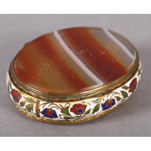 39 - A late 19th century french banded agate gilt metal and champlevé enamel box of oval outline, 6.25cm ... 