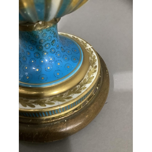 21 - A French Sevres style vase converted to a lamp, the ovoid body painted with a mother and child in ki... 