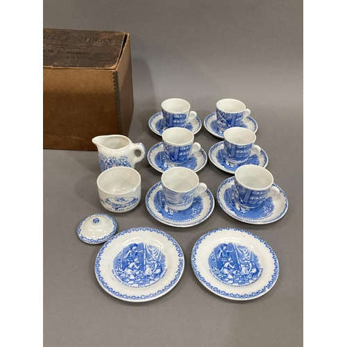 49 - A 19th century blue and white miniature dolls tea set painted with scenes from Cinderella, comprisin... 