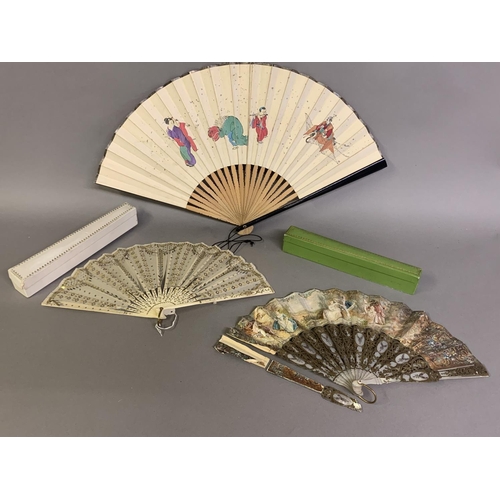 28 - Three 20th century fans: the first, in white mother of pearl, a pastiche of an 18th century fan, the... 