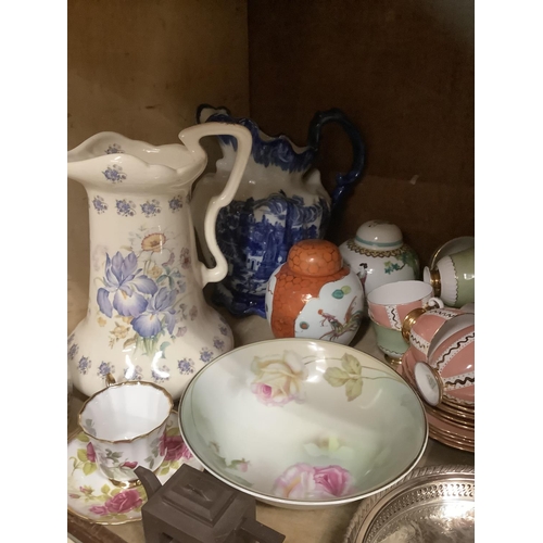 101 - A collection of ceramics comprising toilet jug, ginger jar and cover etc together with a silver plat... 