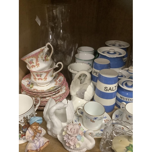 105 - A collection of TG Green salt, pepper, mustard pots etc. large glass vase, gilt and pink tea set and... 