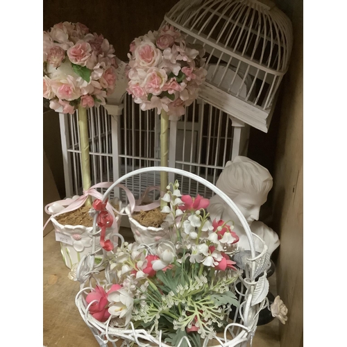 106 - A white wire work bird cage, a composite white bust on marble base, two faux rose bushes in pots