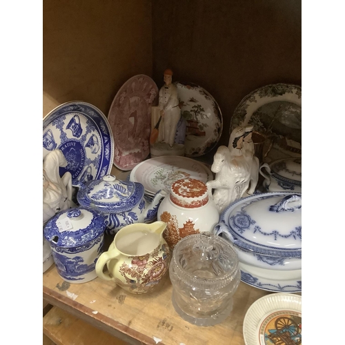 112 - A collection of 19th century and later ceramics comprising Staffordshire flatback figures, transfer ... 