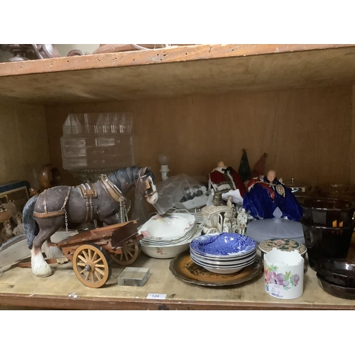 126 - A model of a shire horse, perspex storage boxes, doll figurines of Prince Charles, smoked glass plat... 