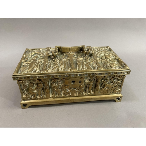 24 - A Victorian brass casket cask with figures of saints within trefoil arches and similar to each side ... 