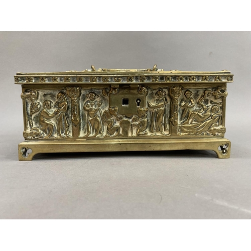 24 - A Victorian brass casket cask with figures of saints within trefoil arches and similar to each side ... 