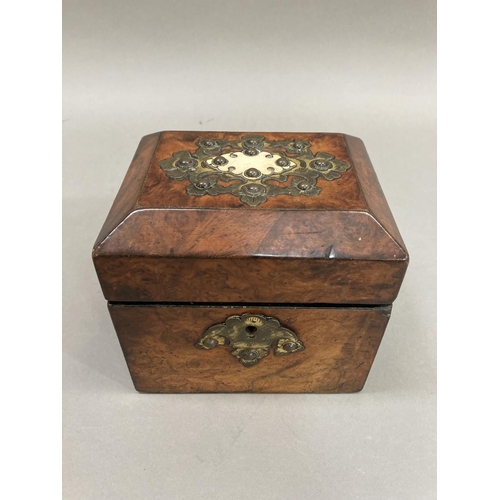 3 - A 19th century walnut tea caddy having cut gilded metal and ivory applied cartouche and gilt metal e... 