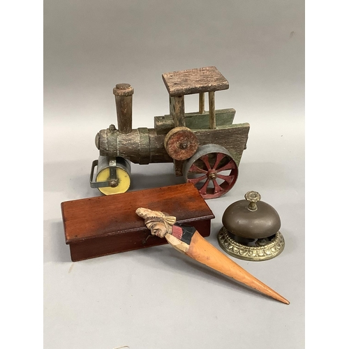 46 - A wooden and steel model of a traction engine together with a counter bell, a mahogany boxed set of ... 