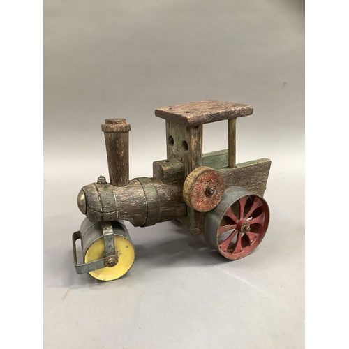 46 - A wooden and steel model of a traction engine together with a counter bell, a mahogany boxed set of ... 