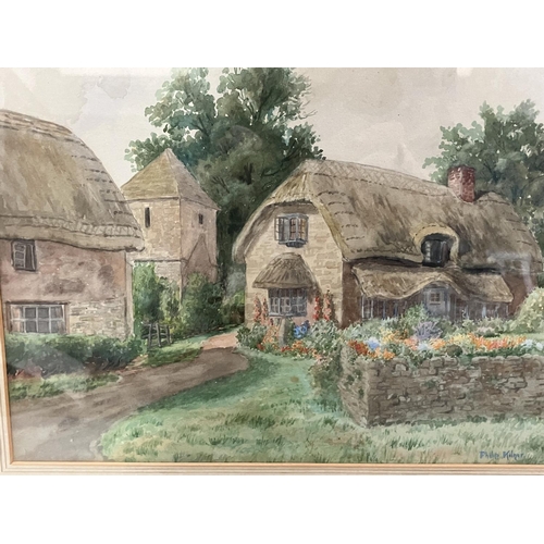 481 - Phillip Kilner, Thatched cottages and garden, watercolour, signed to lower right, 25cm x 35cm