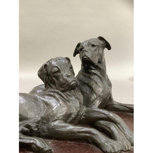 74 - A bronze effect group of two boxer dogs on an oval plinth, 30cm wide x 15cm high