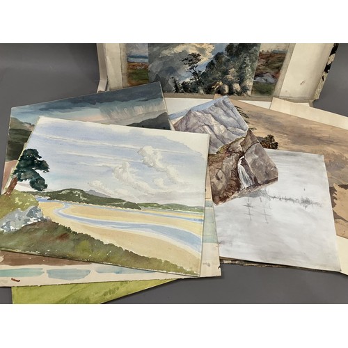 475 - A portfolio of artwork including an oil of river, bridge and trees, another of a street scene of sho... 