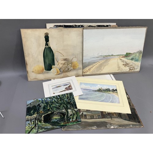 475 - A portfolio of artwork including an oil of river, bridge and trees, another of a street scene of sho... 