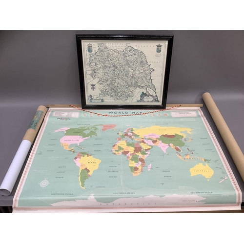 498 - A wall map of the world, 104cm x 75.5cm in original tube together with after Johan Blaeu map of York... 