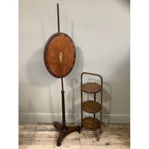 424 - A 1920s three tier folding cake stand together with a mahogany pole screen the oval banner cross ban... 