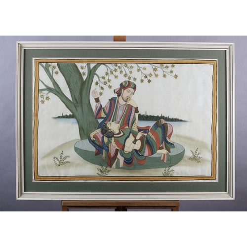 457 - INDIAN SCHOOL MID 20TH CENTURY, Lovers beneath a tree beside a river, painted in gouache on silk in ... 