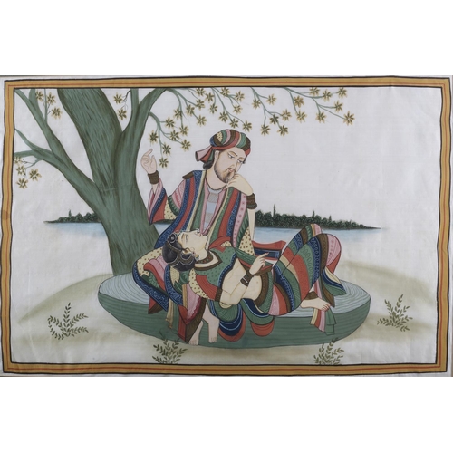 457 - INDIAN SCHOOL MID 20TH CENTURY, Lovers beneath a tree beside a river, painted in gouache on silk in ... 